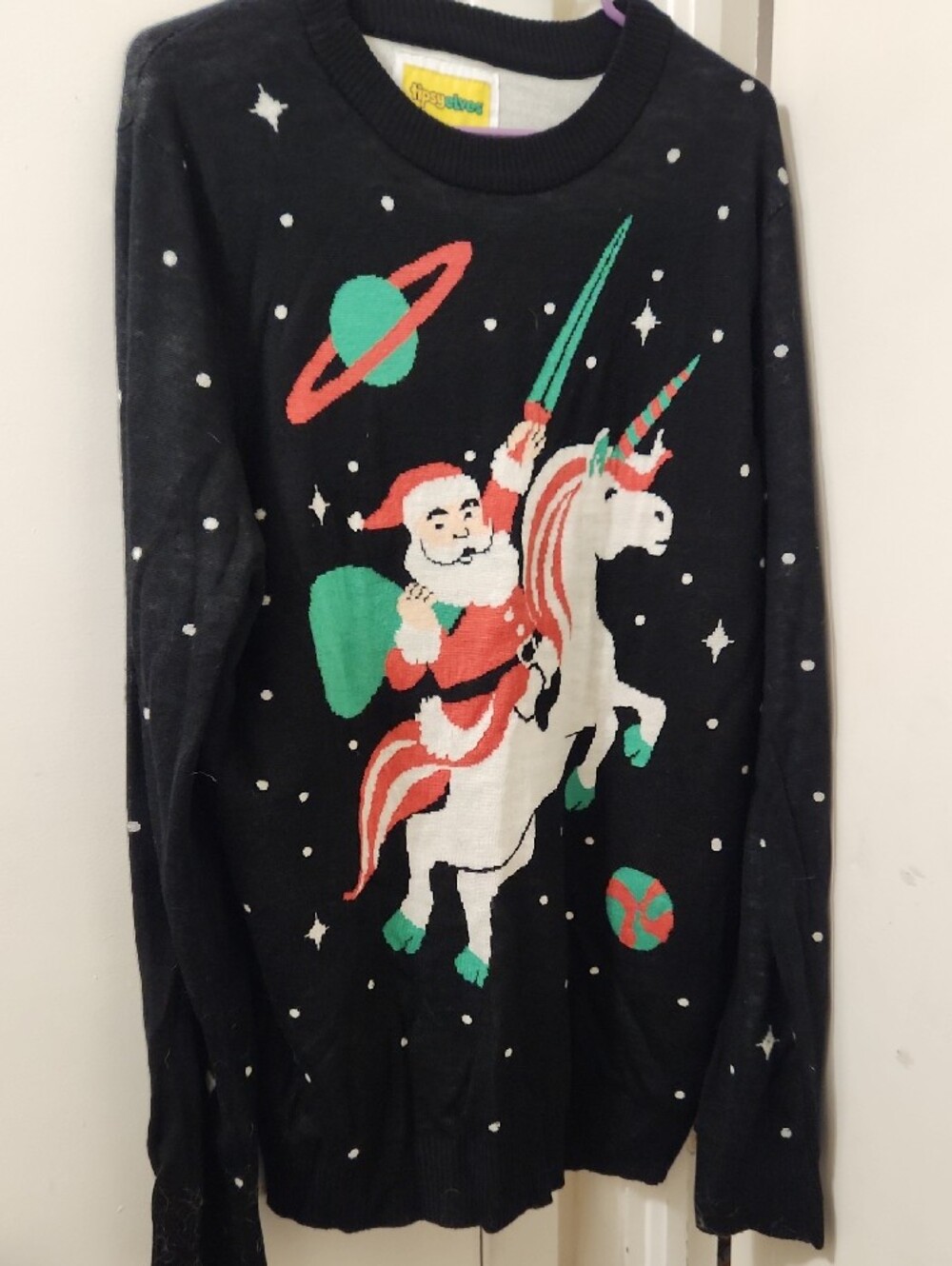 Tipsy Elves Black Holiday Sweater with Santa Riding Unicorn - Picture 2 of 6
